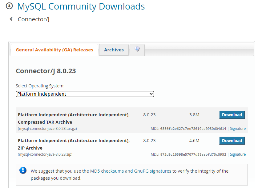 รูปหน้าจอดาวน์โหลดของเว็บไซต์ MySQL เมื่อเลือก "Platform Independent" จะแสดงรายการไฟล์ขึ้นมา 2 รายการ คือ ไฟล์รูปแบบ .tar.gz และ .zip