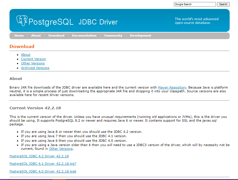 รูปเว็บไซต์ดาวน์โหลด JDBC ของ Postgresql