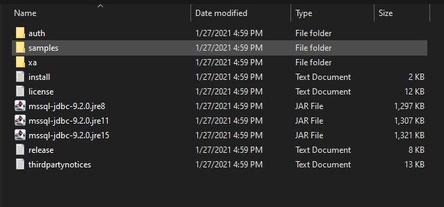 รูปแสดงไฟล์ Connector/J ของ MSSQL ในที่นี้มีไฟล์ JAR 3 ไฟล์ แต่ละไฟล์จะมีชื่อลงท้ายด้วย JRE คือ .jre8, .jre11 และ .jre15