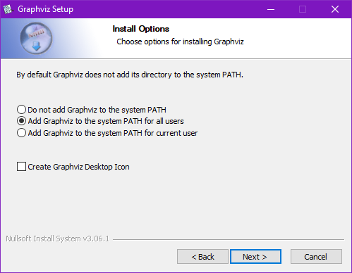 รูปแสดงหน้าจอการติดตั้ง GraphViz ในส่วนของ Install Options ต้องเลือก Add GraphViz to the system PATH for all user หรือ Add GraphViz to the system PATH for current user เพื่อให้ GraphVizสามารถถูกเรียกใช้ได้จาก Command Line